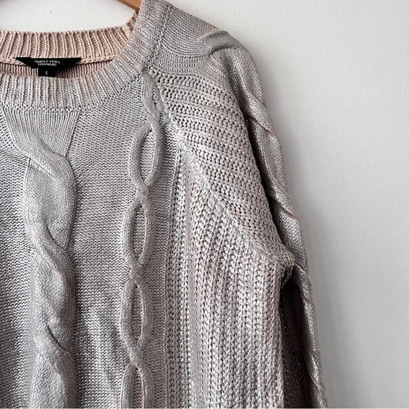 Simply Vera Vera Wang Metallic Silver Women's Cable Knit Pullover Tan Sweater L - Picture 4 of 10